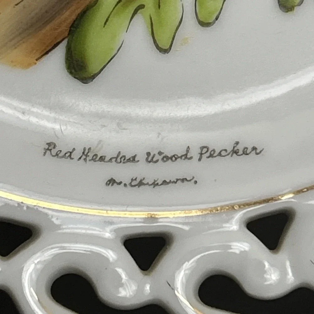 Red Headed Woodpecker Collector Plate Porcelain Gold Trim Signed Wall Napco VTG